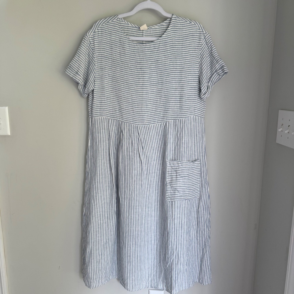 Lintico 100% Linen Midi Dress Blue White Striped Short Sleeve Lagenlook Small